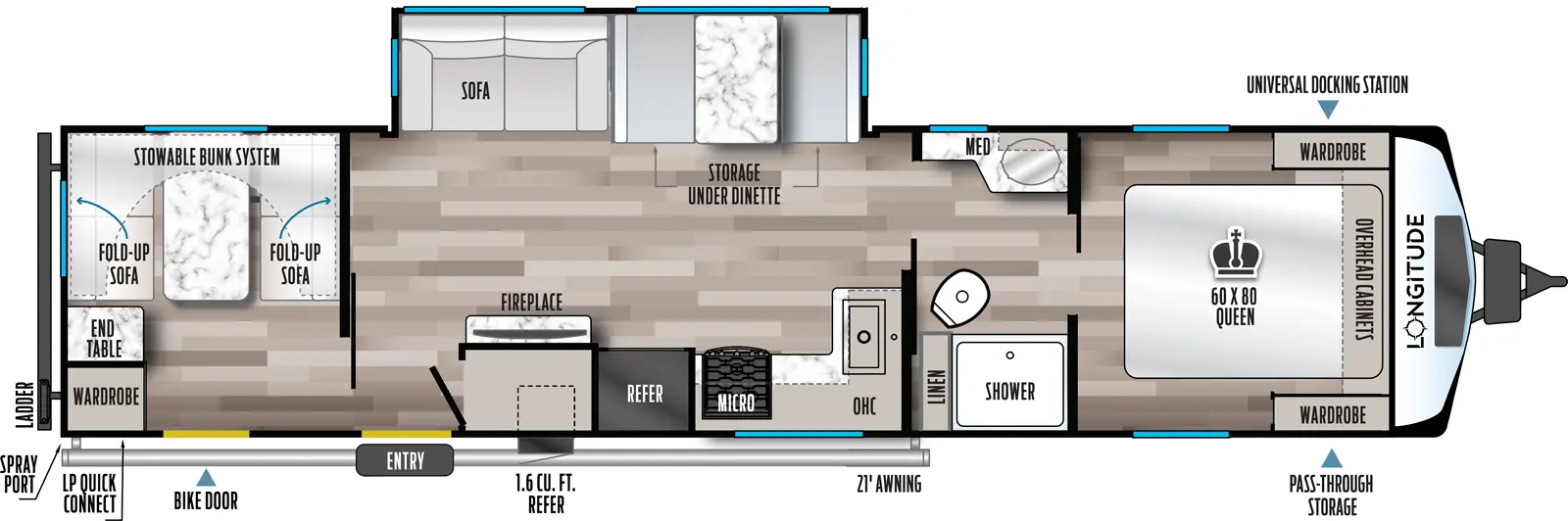 The 319BH has one slideout and one entry. Exterior features front pass-thru storage with universal docking station, 21 foot awning, refrigerator, bike door, LP quick connect, spray port and ladder. Interior layout front to back: foot-facing queen bed with overhead cabinet and wardrobes on each side; full pass-thru bathroom with linen closet and medicine cabinet; off-door side slideout with dinette with storage below, and sofa; kitchen counter with sink along inner wall wraps to door side with overhead cabinet, microwave, cooktop, refrigerator, fireplace, closet and entry; rear bunk room with off-door side fold-up sofas with table, and stowable bunk system, and door side wardrobe and end table.